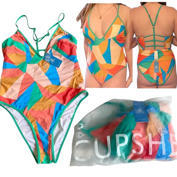 NEW Cupshe SWIMSUIT Women's LG Multi-Color Geo Strappy Tummy Control One Piece - Picture 1 of 12